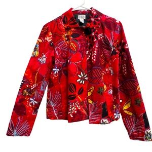 Vintage Chicos Red Oriental Floral Abstract Print Y2K Retro Cropped Jacket
